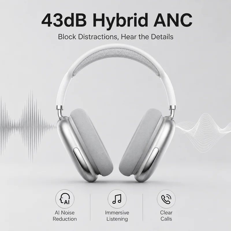 Anc Wireless Over Ear Headphones - หูฟังบลูทูธไร้สายแบบครอบหู พร้อมระบบตัดเสียงรบกวน | ระบบตัดเสียงรบกวน 43dB, ระบบเสียงสเตอริโอ