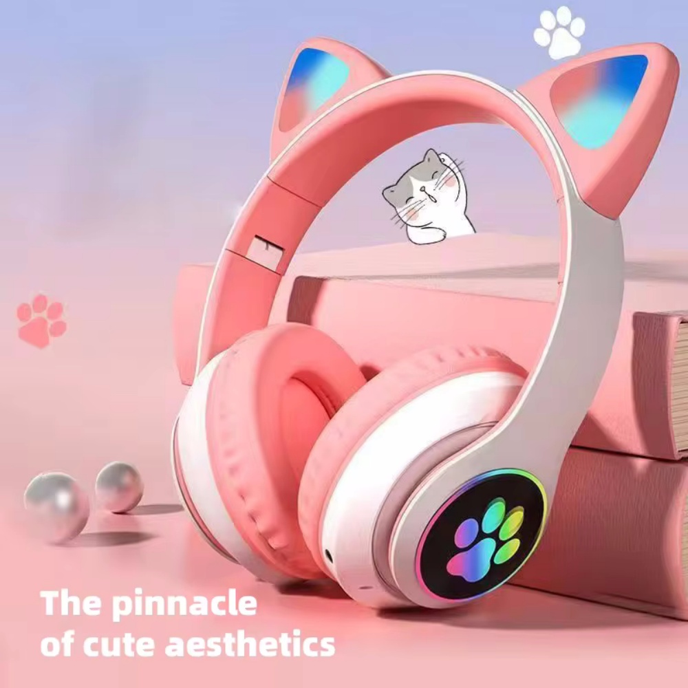 Cat Ear Bluetooth Headset Led - หูฟังบลูทูธไร้สายแบบพับได้ ครอบหู สเตอริโอ ไฟ LED หูฟังรูปหูแมว